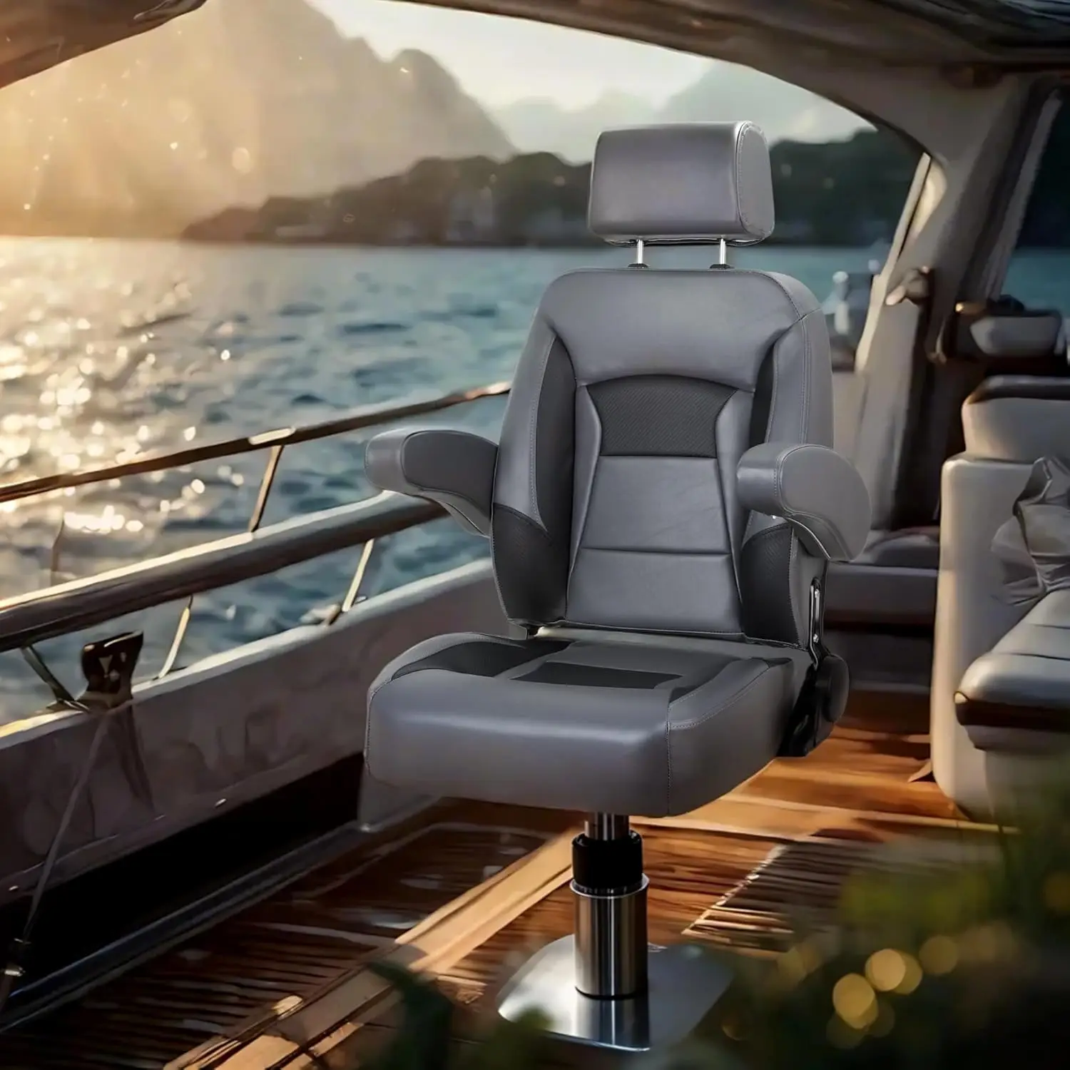 Comfortable Marine Flip-up Captain Boat Seat for Sport Use with Armrest and reclining back
