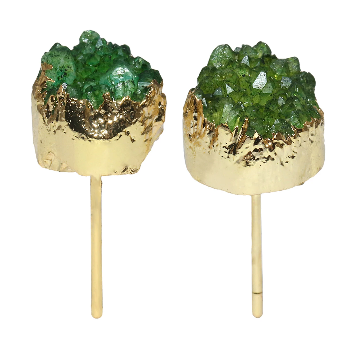 

Colourful Titanium Coated Rock Quartz Cluster Round Shape Gold Color Stud Earrings For Women Jewelry