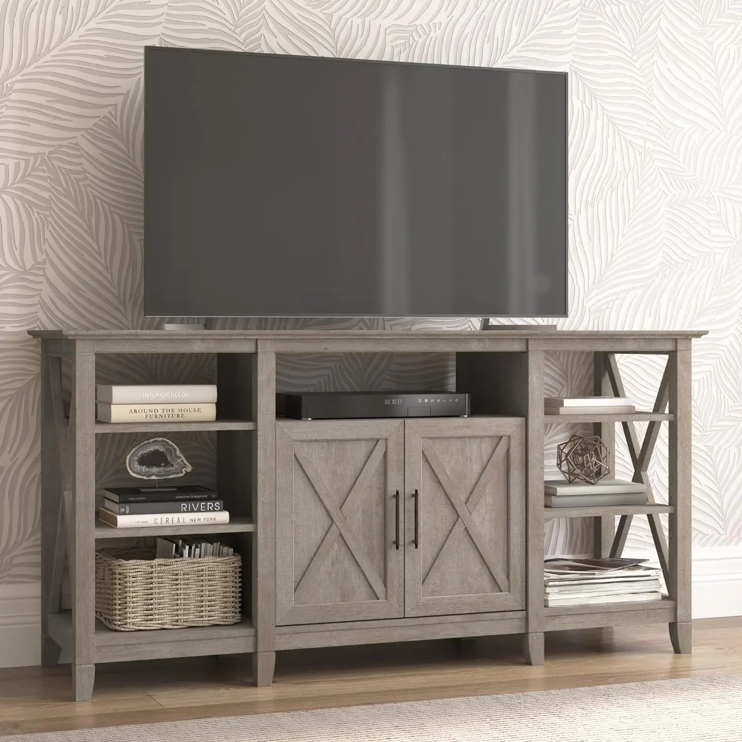 Key West Tall Stand for 65 Inch TV, Farmhouse Entertainment Center with Storage, Washed Gray