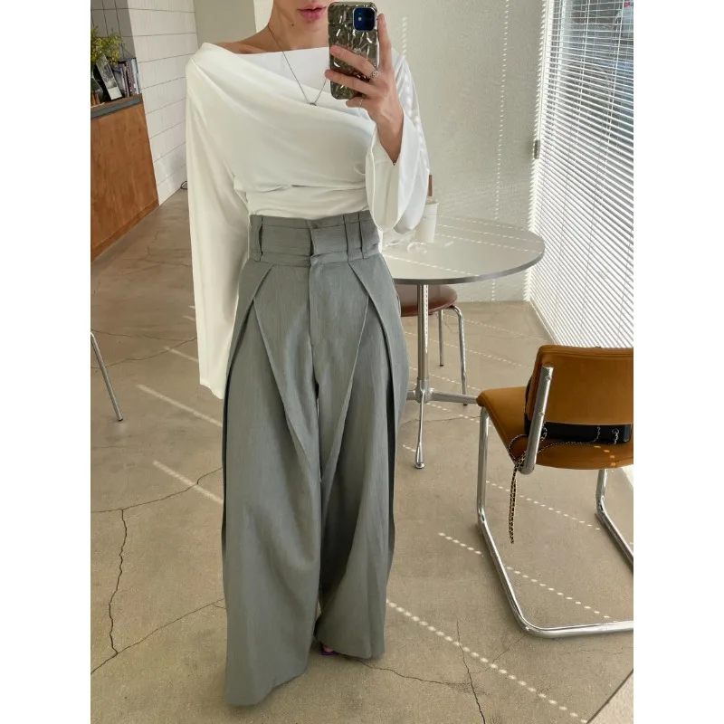 Niche design, three-dimensional waist, loose waist, slimming, wide-legged, draped high-waisted slacks