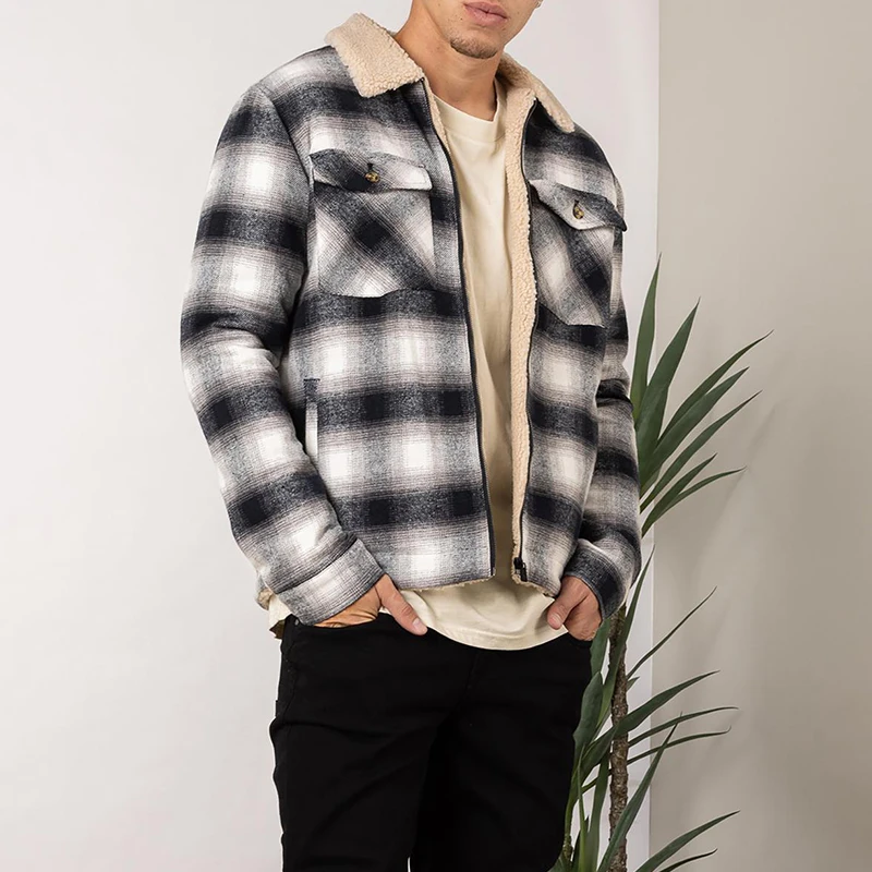 New Casual Mens Zipper Jacket Coat Fall Winter Warm Fleece Liner Outerwear For Men Daily Leisure Plaid Print Textured Cardigans