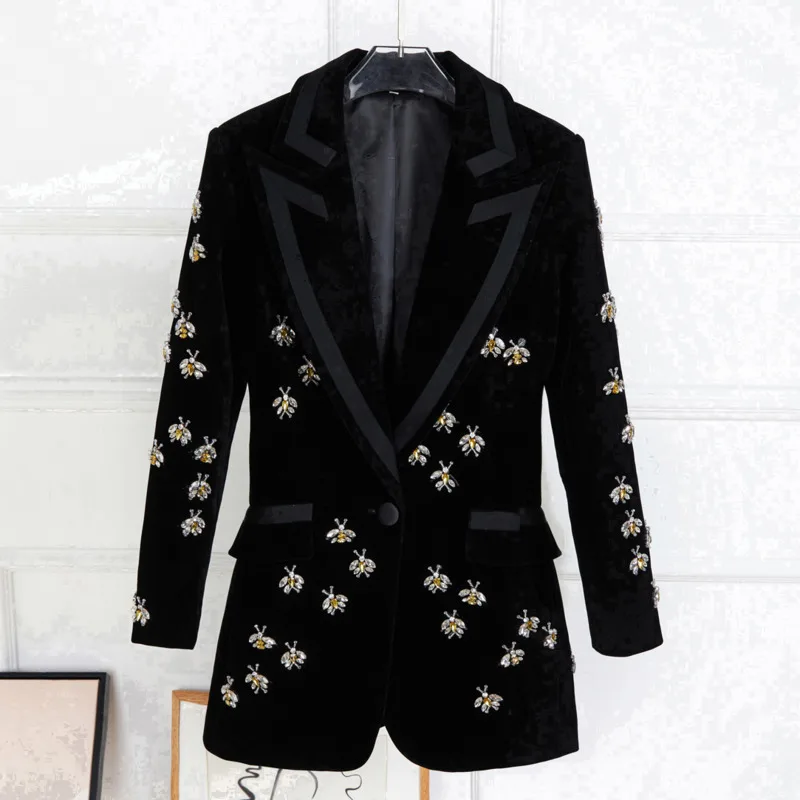 CHUJIE 2025 Spring Autumn Women's Long Velvet Blazer With Bee Embroidery & Beaded Detailing – Elegant Office Dinner Jacket