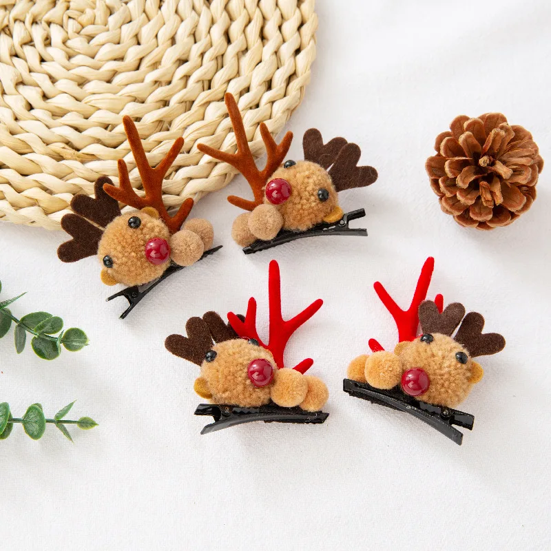 Christmas Hair Accessories Red Plush Antlers with Bells Cute Deer Ears Hairpin Headdress for Women Resin Ornaments Hair Pin Gift