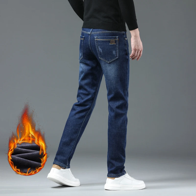 New Winter Men Fleece Warm Jeans Classic Style Business Casual Thicken Velvet Slim Denim Pants Brand Trousers Male Size 28-42
