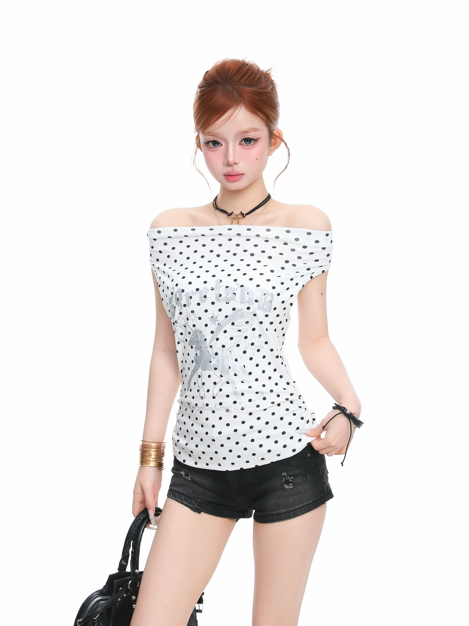 BASTERDS Sweet And Spicy Unicorn Print Polka Dot Halter Vest Women's Slimming Waist Cinching Top Cotton High Stretch H-Shape ...