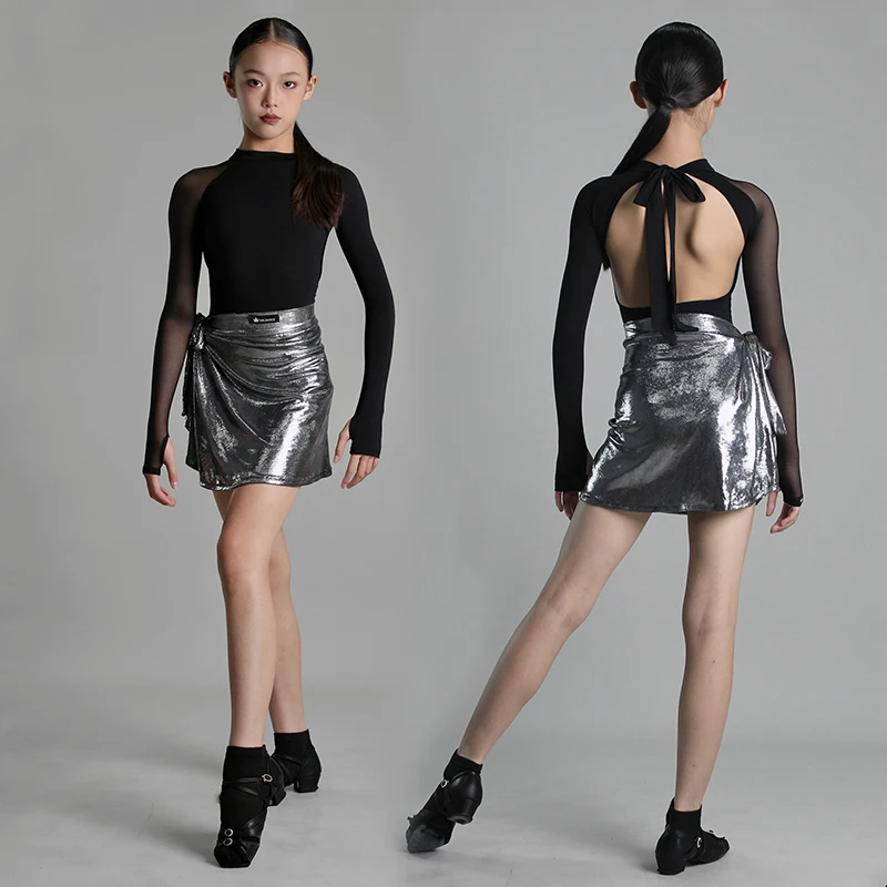 2025 roupa de dança latina meninas roupas de desempenho aberto volta manga longa collant saia prata rumba cha cha treinamento wear 2280