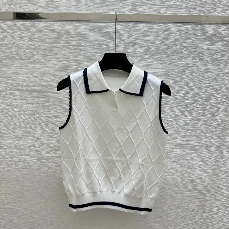 Women's Contrast Edge Lapel Quilted Pullover Sweater Vest Sleeveless Knit Top
