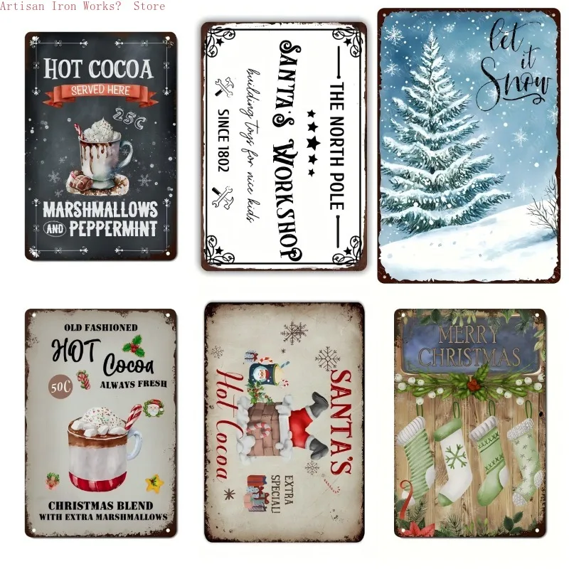 6 Stück Vintage Schneemann Metall Blechschilder Retro Eisen Wandkunst Plaketten mit Weihnachtszitaten Rustikales Dekor für Zuhause, Party