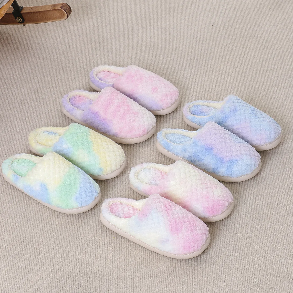 Gacimy الشتاء غامض شبشب منزل للنساء موضة التدرج اللون رقيق الشرائح لينة وحيد الفراء أحذية قطنية دافئة نعال قماش #6