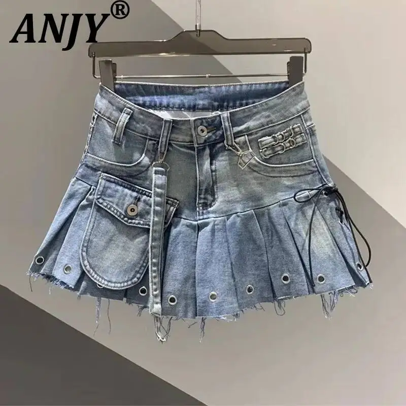 ANJY Summer New Women Trendy Fashion Safari Style A-Line Pleated Denim Skirt Stylish Frayed Edge Design Streetwear Skirts A23520