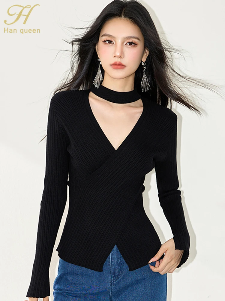 

H Han Queen Autumn Fashion Elegant Black Sweater Base Underneath Long Sleeve Casual Korean V-Neck Vintage Simple Basic Pullovers