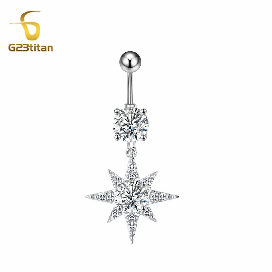 G23titan Eight Pointed Star Belly Button Ring Zircon 14G Titanium Steel Women Sexy Body Piercing Arab Islam Style Navel Jewelry