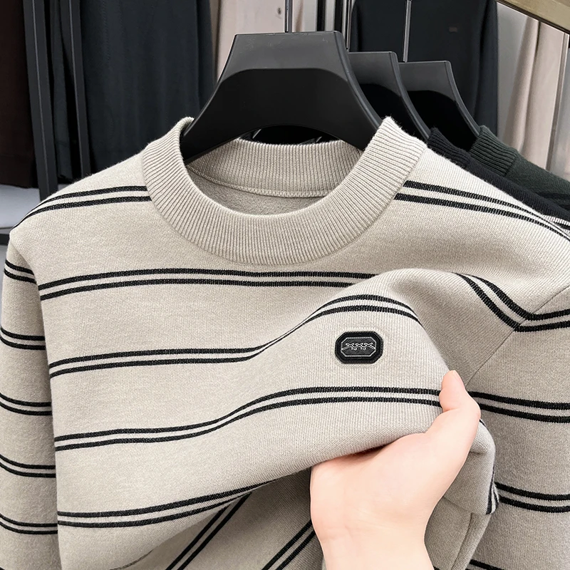 

Luxury Knitted Sweater Round Neck Long Sleeve Striped Fleece Lined Pullover Autumn Winter Warm Fashion Casual Classic Men's Wear