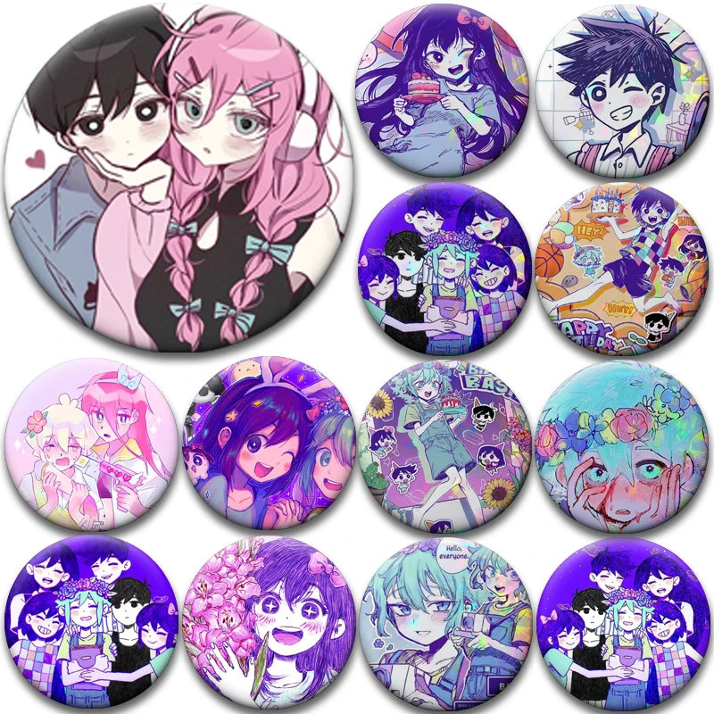 O-Omori Aubrey Basil Peripheral Creative Cartoon Icon Pins Tinplate Round Badge Metal Brooches for Collar Bag Hat Decor Gifts