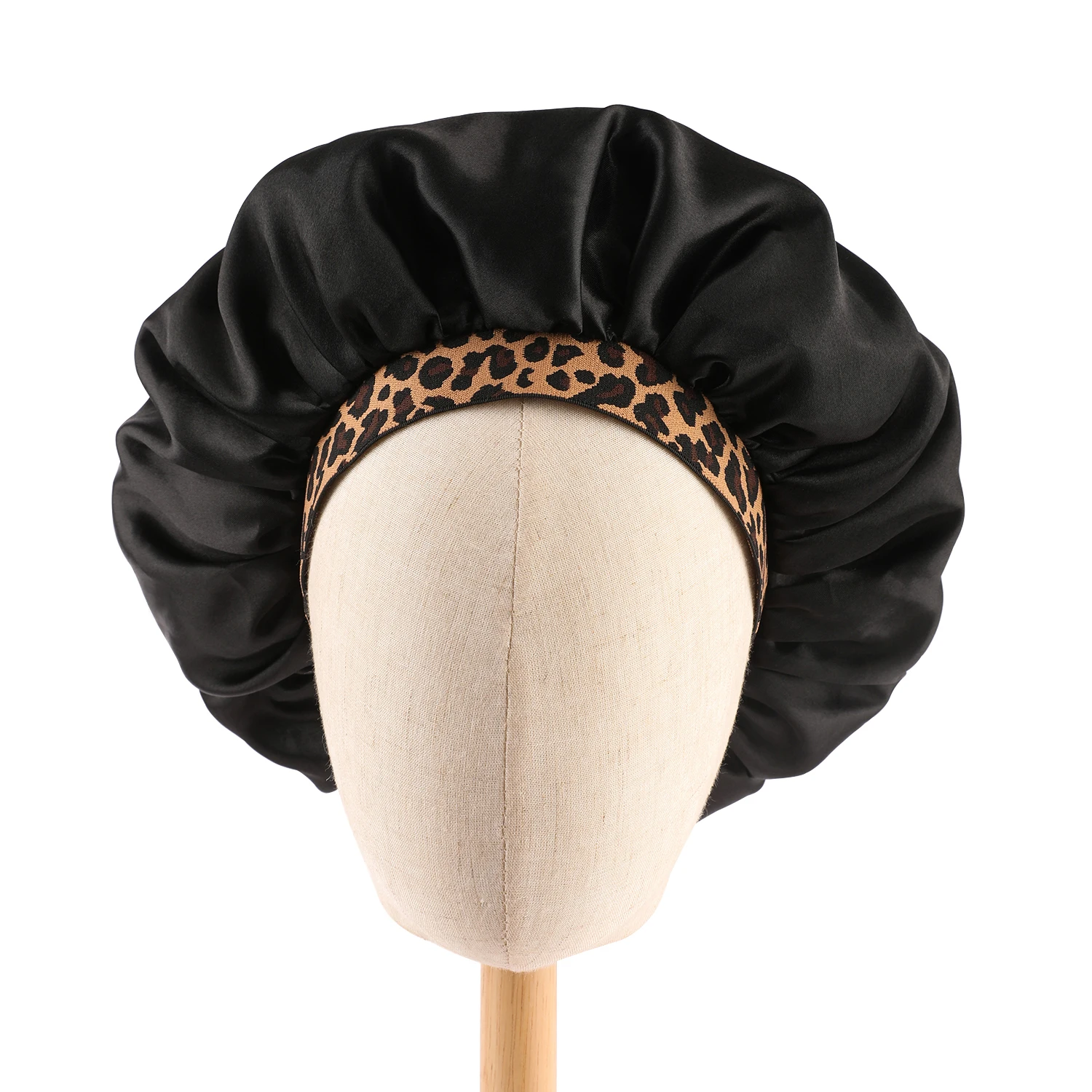 2024 New Fashion Satin Sleeping Hat Night Sleep Hair Care Bonnet Nightcap Popular Leopard Silk Wide-Brimmed Shower Cap