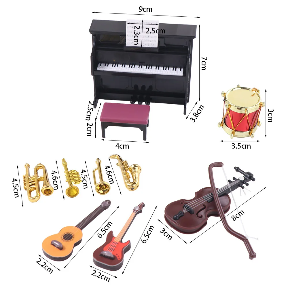 Strumenti Musicali in Miniatura per Casa delle Bambole in Scala 1/12: Tromba, Sassofono, Pianoforte, Chitarra per Decorazione di Scene Classiche