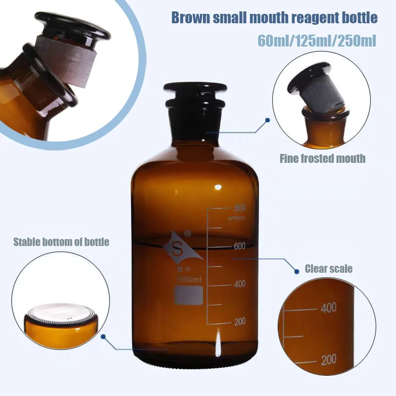 1pcs 60ml/125ml/250ml Lab Narrow-mouthed graduated bottle Brown/Transparent Common  with Ground in Glass Stopper Laboratory Chem