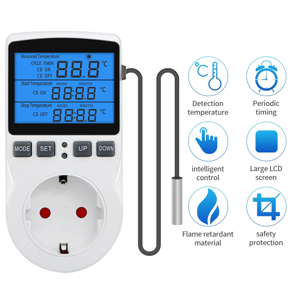 KT3100 Timer Socket Digital Thermostat 220V Temperature Controller Socket Outlet Switch Sensor Probe Heating Cooling Backlight