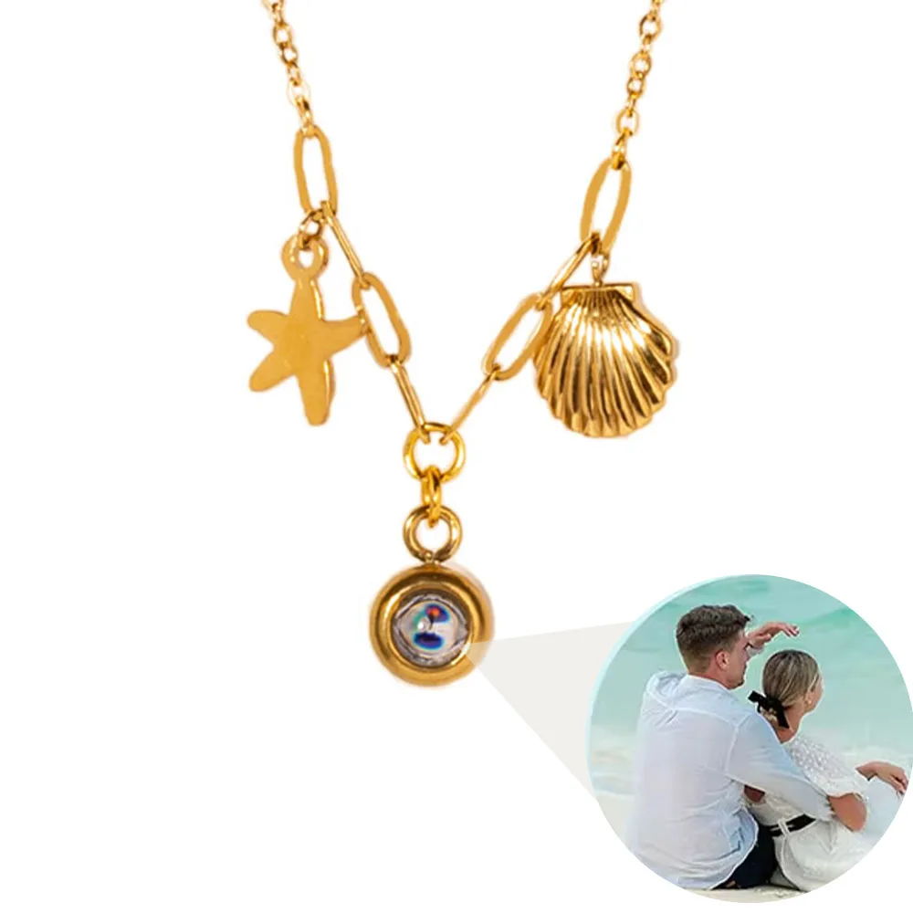 

Custom Photo Projection Necklace with Photo Gold Color Shell Charm Memory Photo Choker Gift