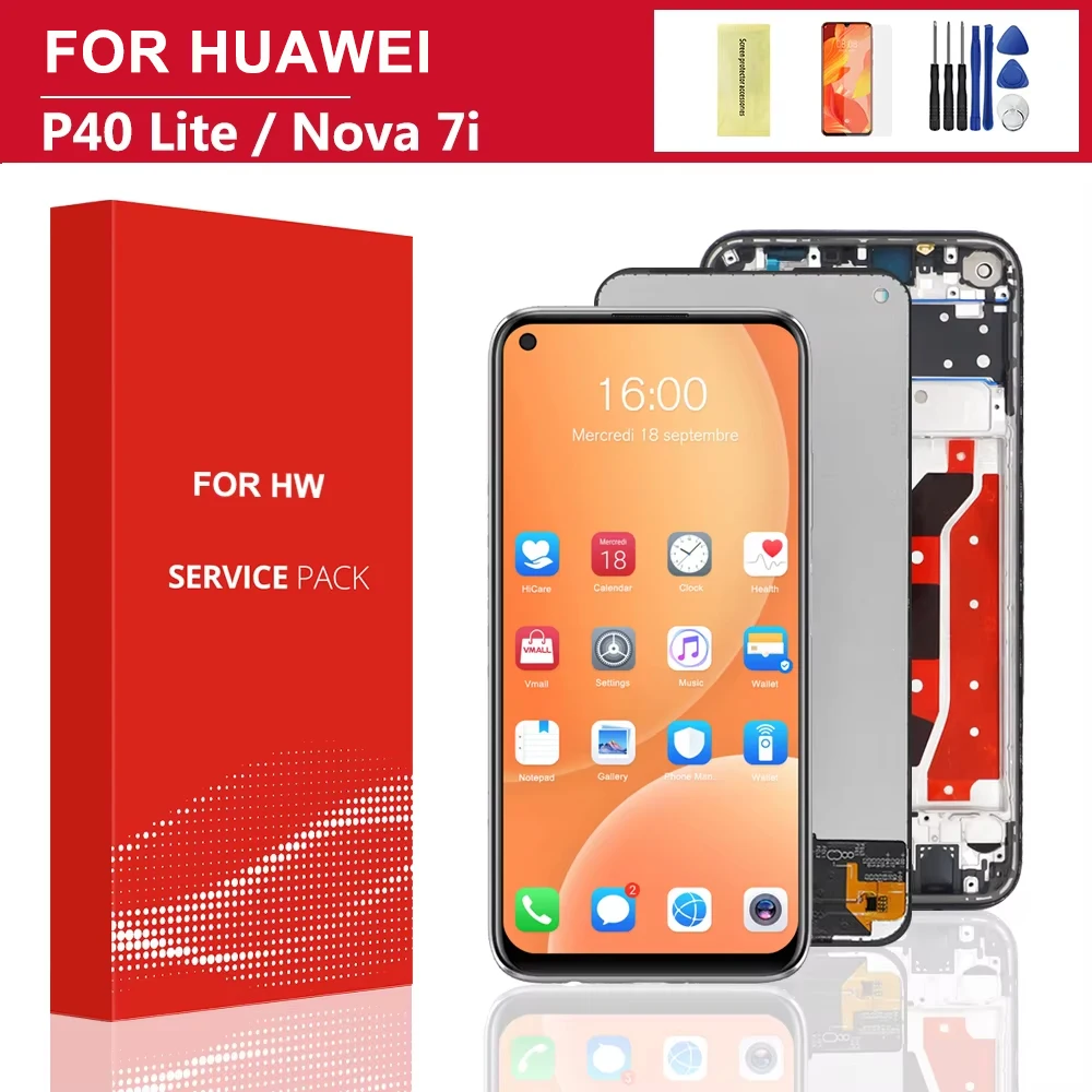 100% getestet 6,4'' Display Ersatz mit Rahmen für Huawei P40 Lite LCD Touch Screen Digitizer Montage für Nova 7i JNY-LX2 LCD