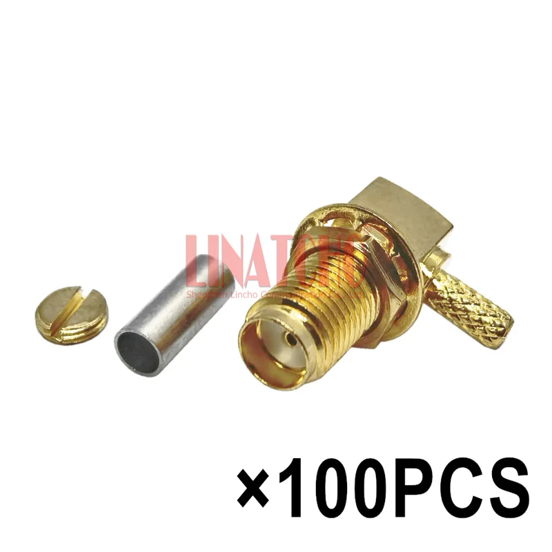 100PCS Golden LMR100 RG174 RG316 50-1.5 Cable Coaxial Right Angle Crimp SMA Female Connector