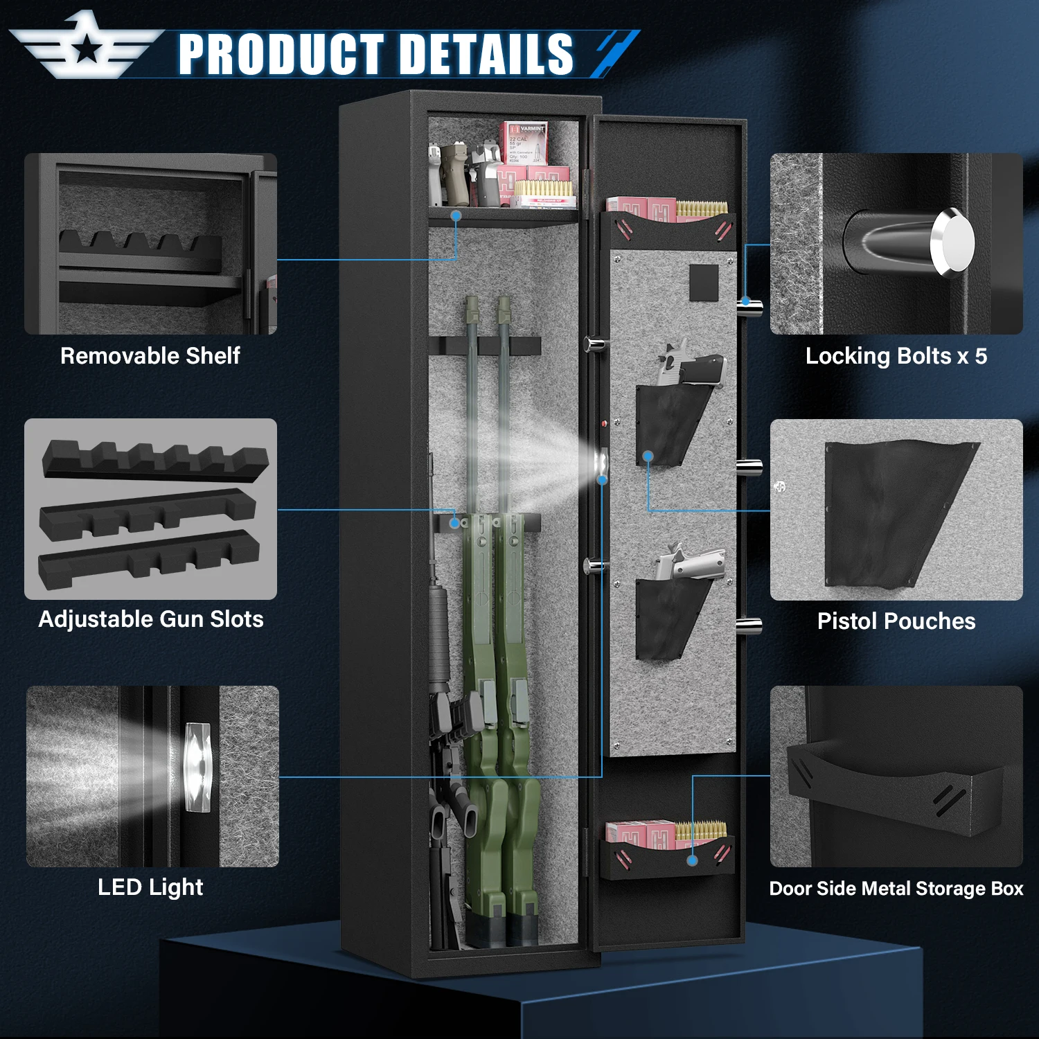 Kavey Biometric Fingerprint Gun Safe, Quick Access Gun Cabinets with LED Light, Adjustable Gun Rack and Removable Shelf