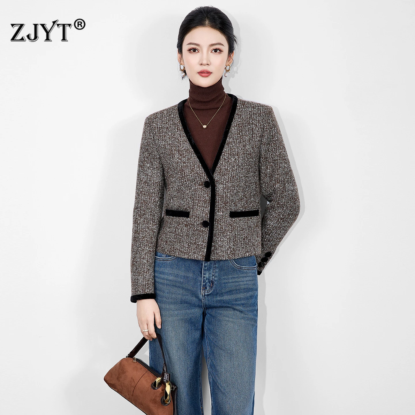 

ZJYT модные женские твидовые шерстяные куртки и пальто осень-зима дизайнерская винтажная верхняя одежда с длинным рукавом и v-образным вырезом Femme Veste