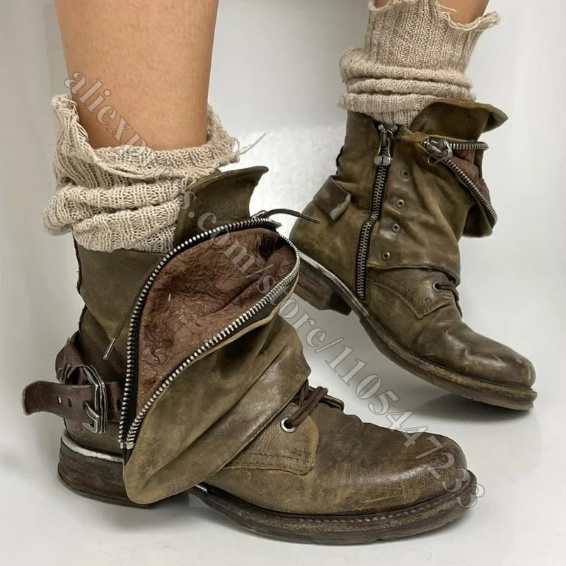 Women Vintage Distressed Leather Ankle Boots Zipper Buckle Strap Lace Up Fold Over Shaft Round Toe Low Heel Motorcycle Boots