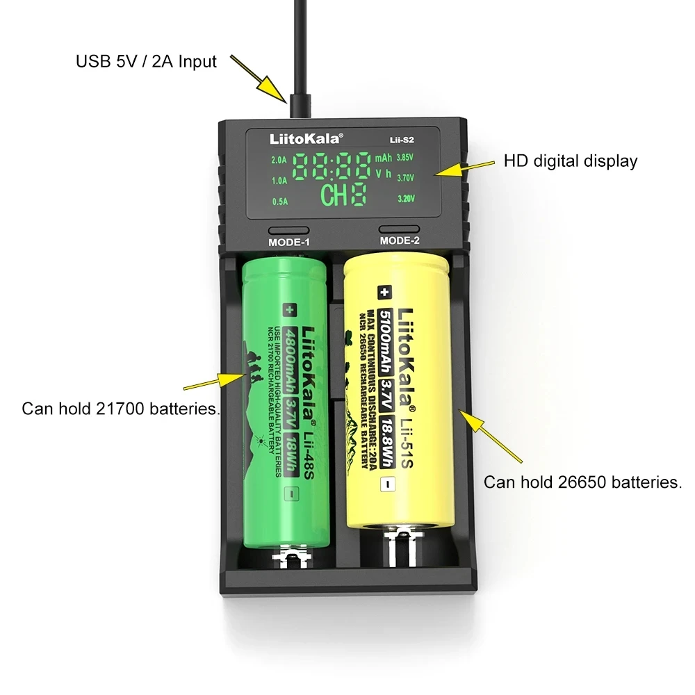 Liitokala Lii-S2 18650 Battery Charger 1.2V 3.7V 3.2V Li-ion / IMR/LiFePO4 26650 18350 21700 14500 NiMH/Cd AA, AAA