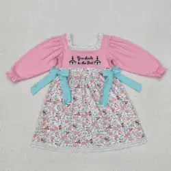 New rts baby girls spring new long sleeve pink dress wholesale boutique embroidered floral girls dress