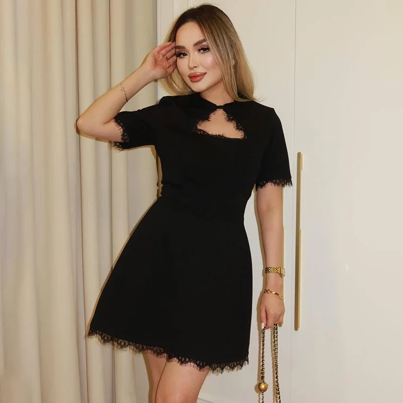

Typhaland Sexy Lace Spliced ​​Hollow Dress Women 2026 Summer Slim High Waist Short Sleeve Leisure Dress Lady Party Mini Dress