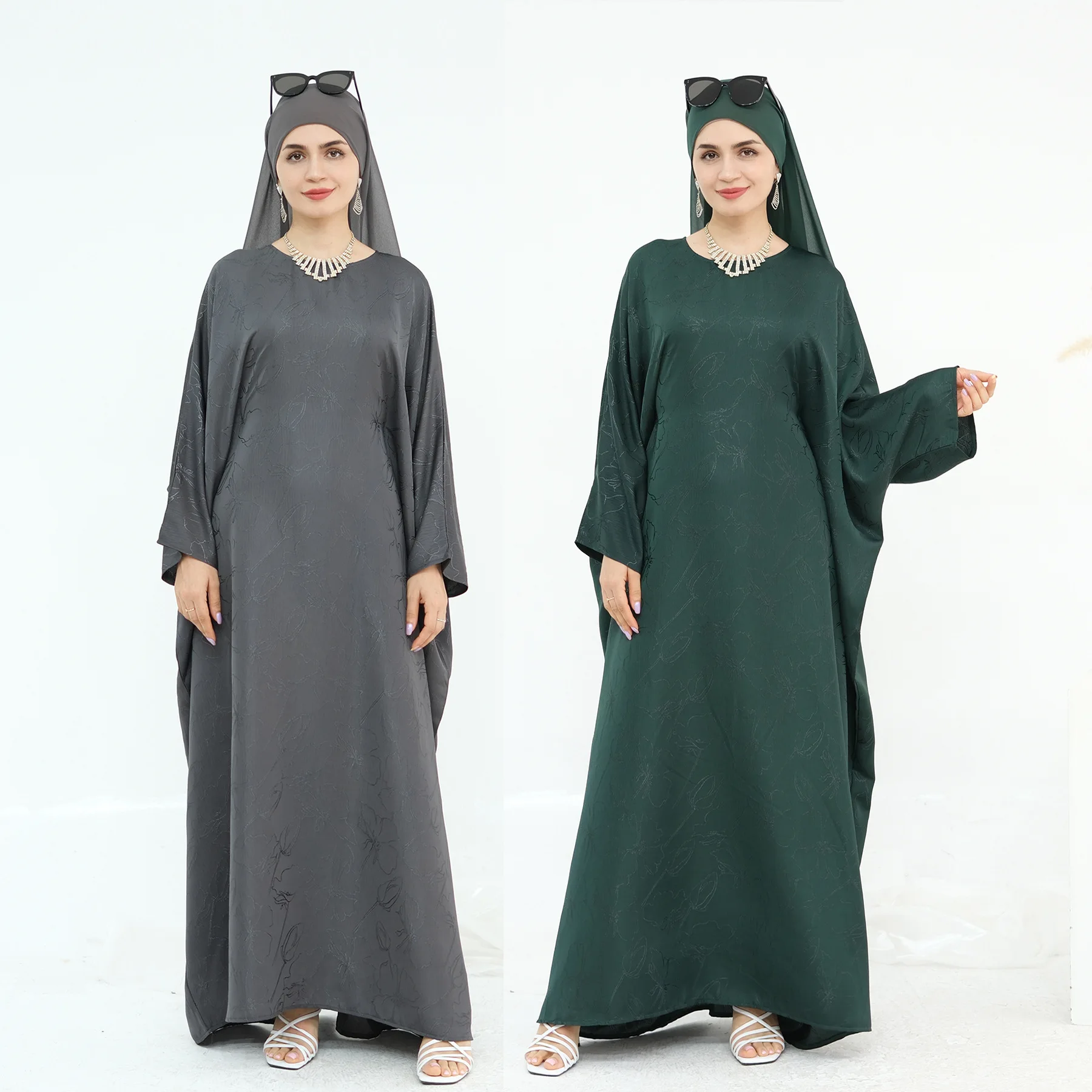 طقم أزياء إسلامية 2 قطعة طقم حجاب عباية من الساتان بأكمام على شكل فراشة فساتين طويلة ملابس يومية دبي عباية قفطان فستان متواضع بدلة وشاح