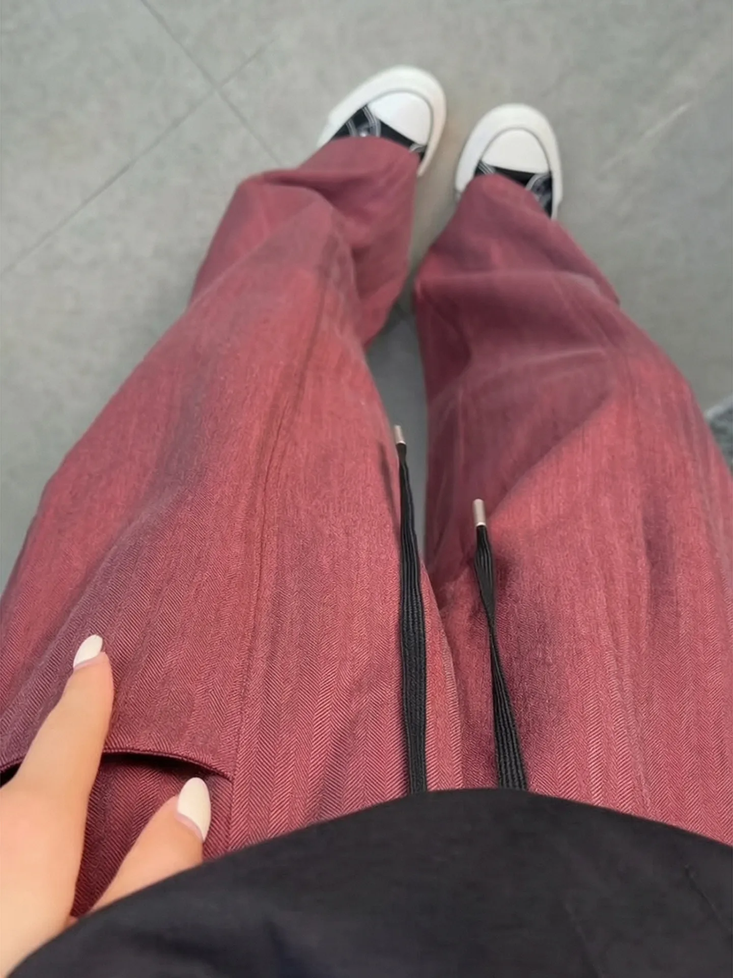 Red Wine Color Texture Men's Summer Thin Straight Casual Pants Workwear Design Loose Fit Long Trousers Polyester Fiber