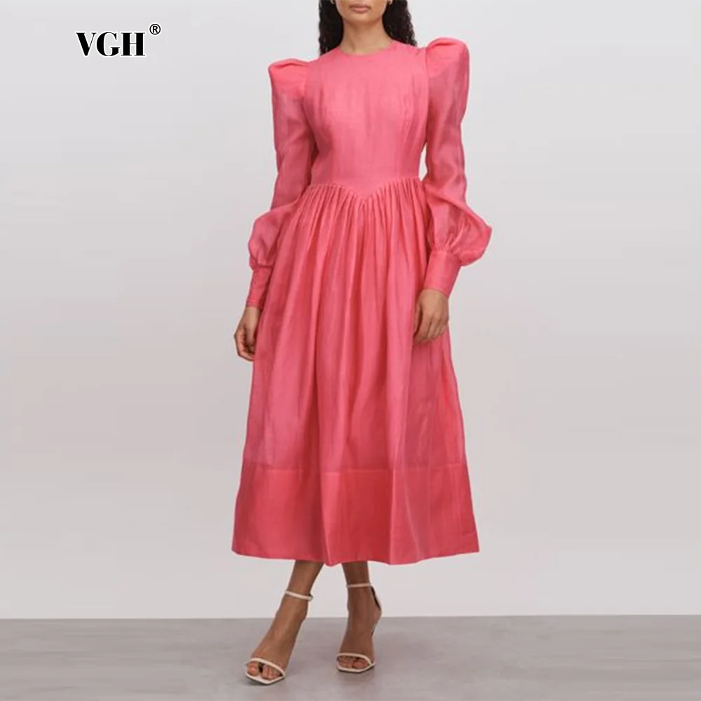 

VGH Patchwork Zipper Elegant Dresses For Women Round Neck Lantern Sleeve High Waist Temperament Long Dress Female Fashion New