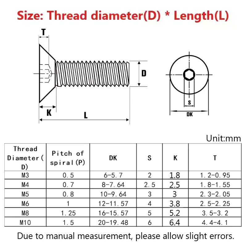304 Stainless Steel 500h Salt Spray Passivation Hex Socket Countersunk Flat Head Screw Allen Bolts M3 ~ M10