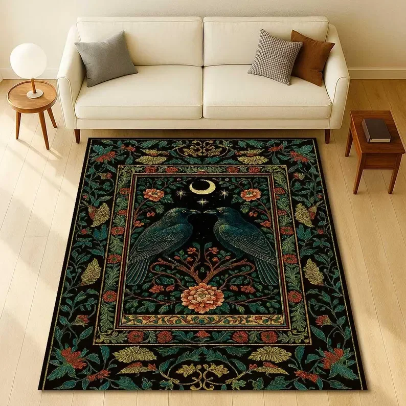 Raven Skull Gothic Carpet Occult Crow Decor, Dark Academia Rug Mysterious Witchy Home Rug Creepy Goth Room Skull Art Floor Mat