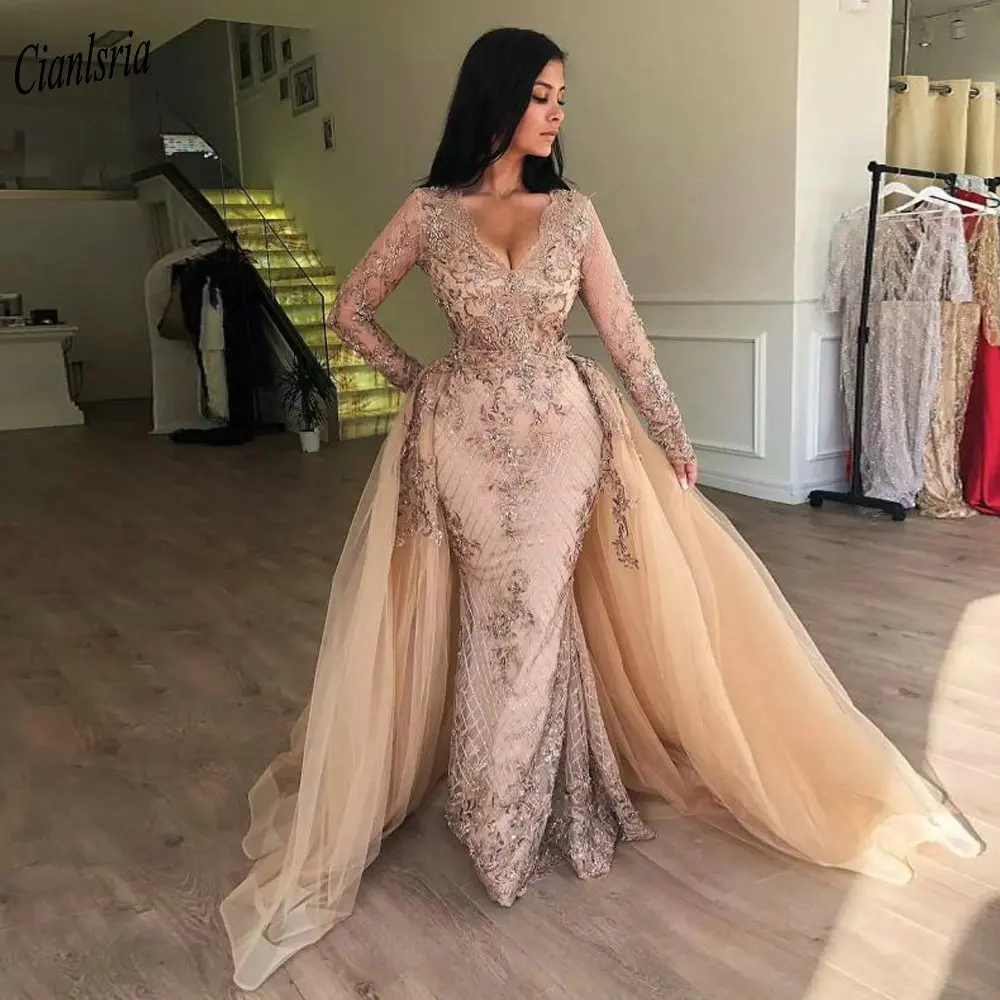 

Дубайское арабское вечернее платье русалки цвета шампанского с длинными рукавами и съемным шлейфом, аппликациями, кружевное вечернее платье с кристаллами