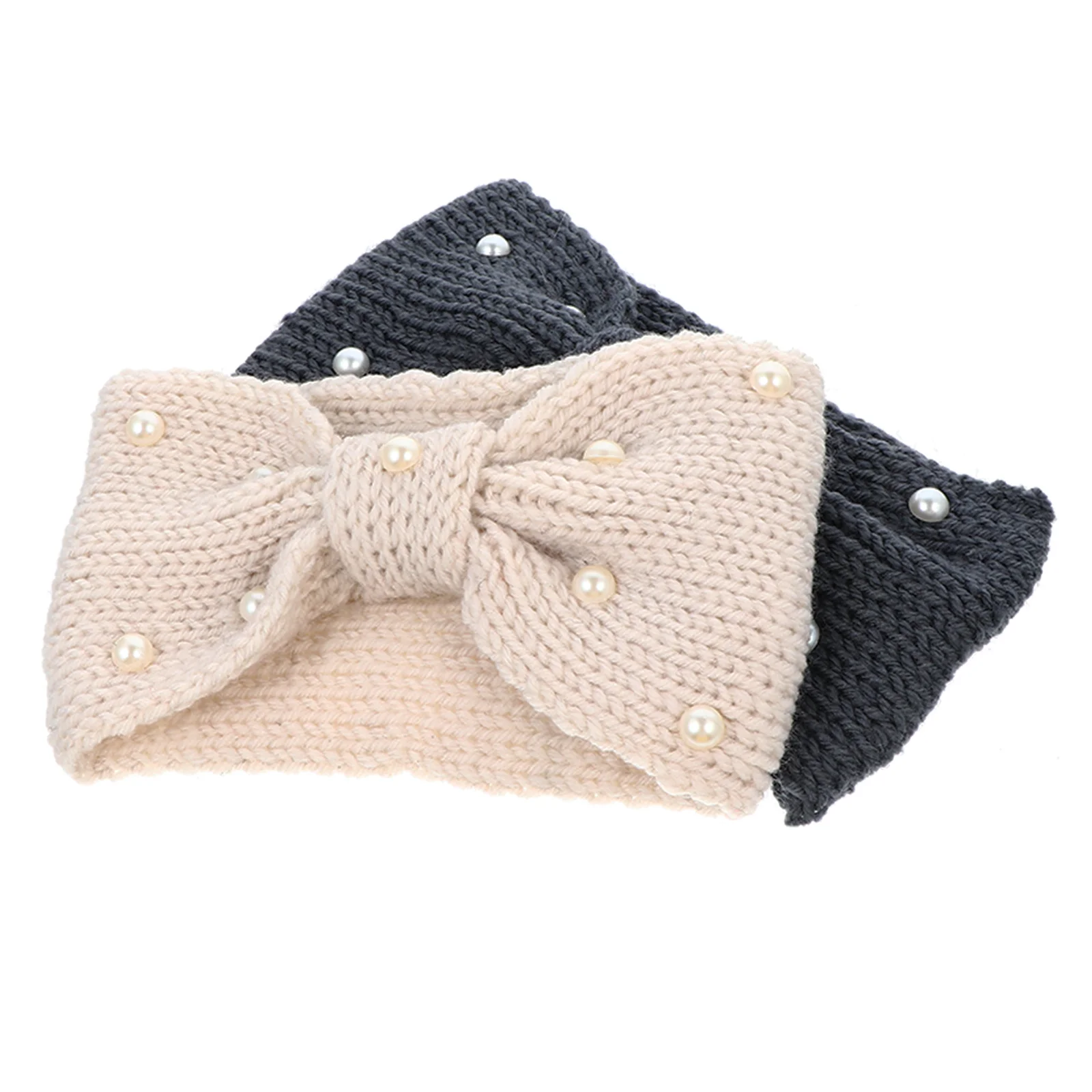 

2Pcs Butterfly Knot Head Band Knitted Women Warm Pearl Decorated Bow Hair Bands for Female Winter Wear Daily Use Gift