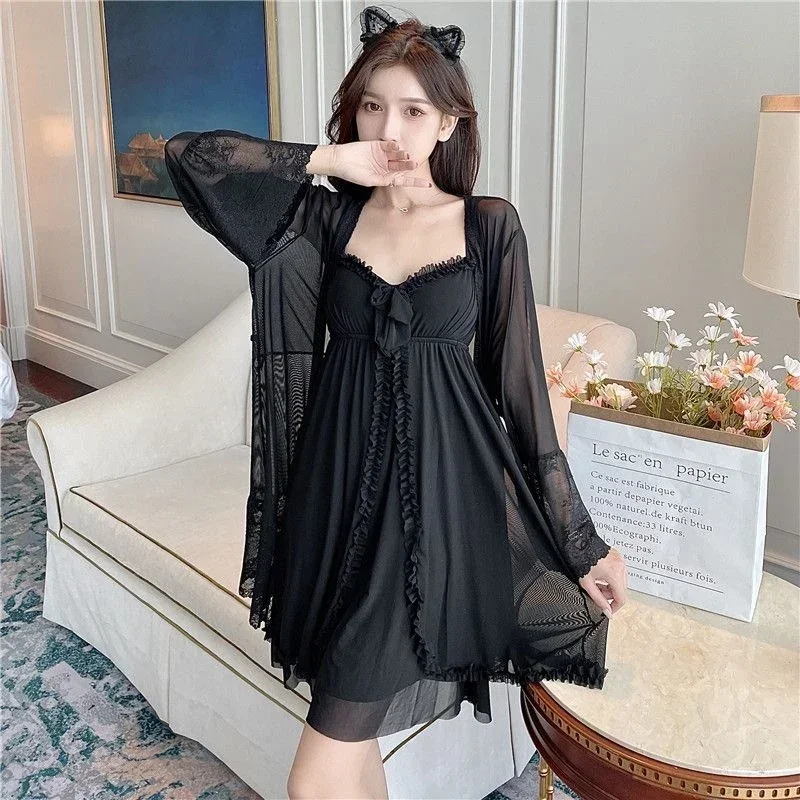 2024 Summer 2PCS Silk Satin Sexy Lace Lingerie Nightgowns Robes Sets For Women Korean Bathrobes Sleepwear Nightdress Night Dress