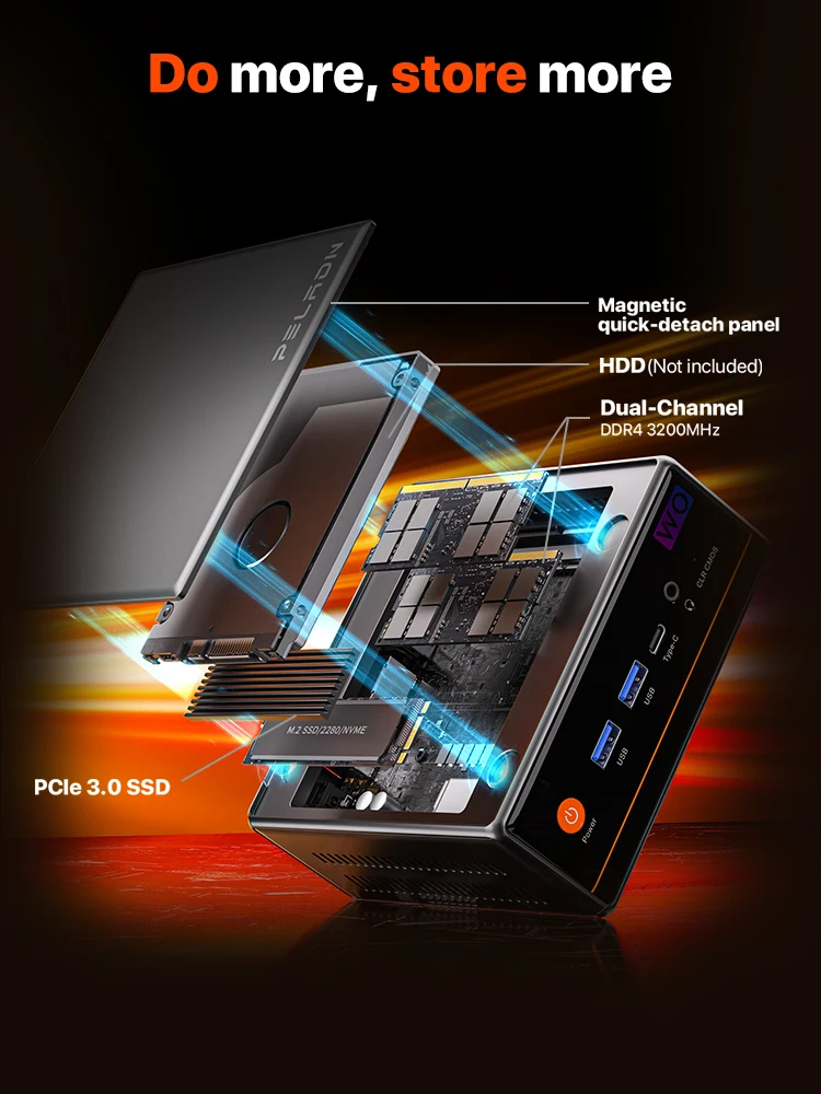 PELADN Mini-PC AMD Ryzen 5 5600H (6C/12T, bis zu 4,2 GHz), WiFi 6/ BT5.2 Mikro-PC für Gaming, 3 Jahre Garantie & Office Barebone