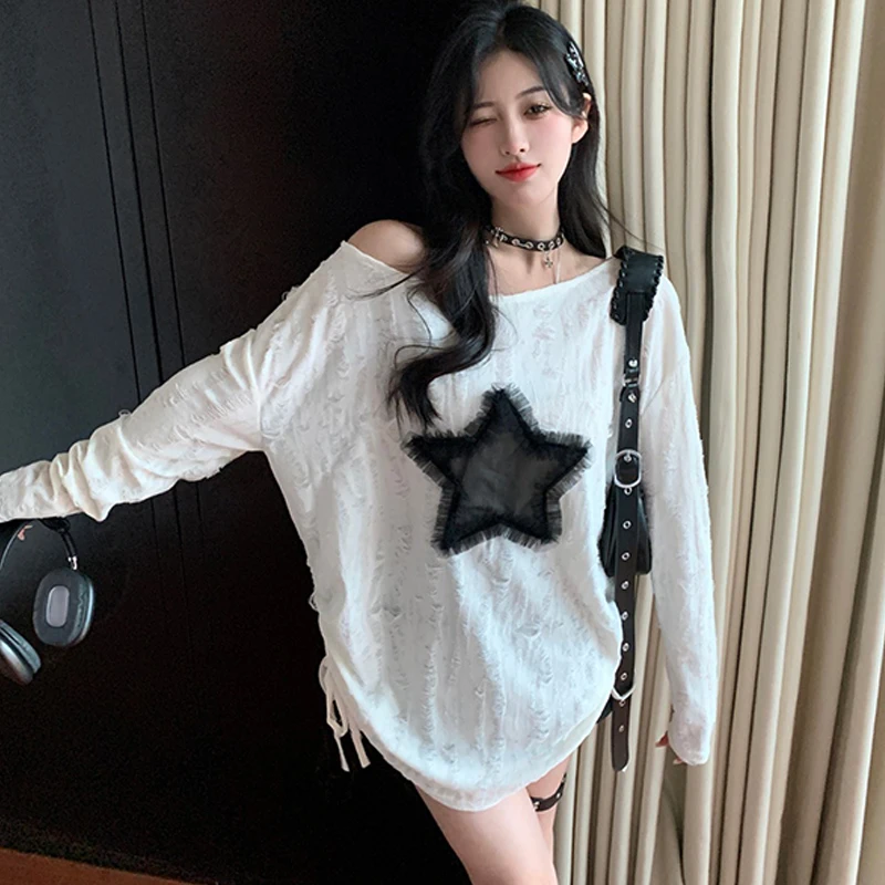 Women\'s Ripped Round Neck Long Sleeve Loose T-shirt Fashion Dimensional Star Drawstring Top