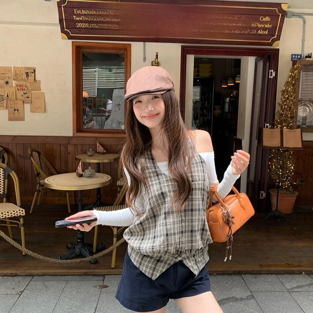 Atasan Retro Plaid Svel Ne dengan Tali Selempang Satu Bahu Bordir, Set Rompi Dasar Pelangsing Musim Gugur 2025 Faion Wanita...