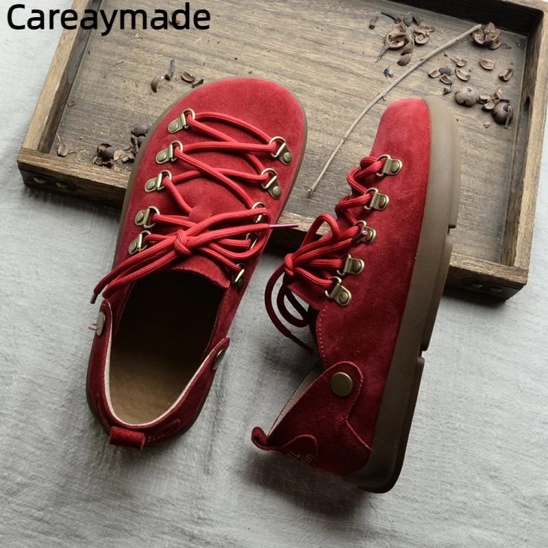 Careaymade-Genuine leather Plus Size women's shoes wider toe Flats Single Shoes Casual Shoes Lace Up Fashion Antislip shoes