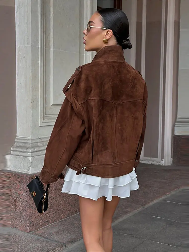 

Suede Fleece Pockets Women's Jackets Fashion Single-Breasted Long Sleeve Coats Loose Straight Short Tops Autumn Warm Clothes