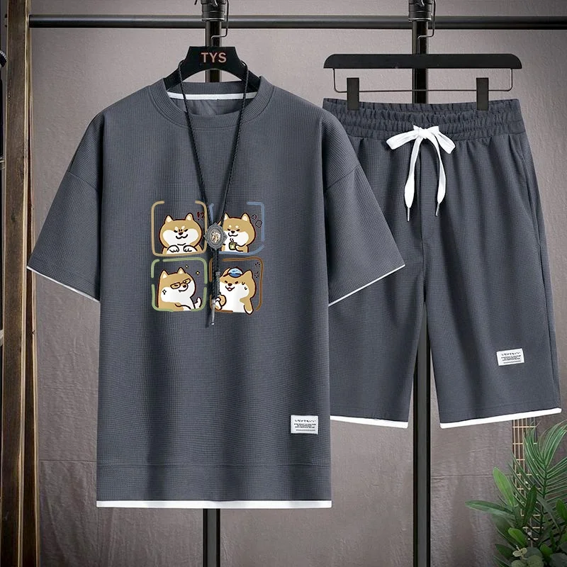 

Летний повседневный комплект для мужчин: модная свободная футболка из полиэстера и брюки 3/4 длины для молодежи