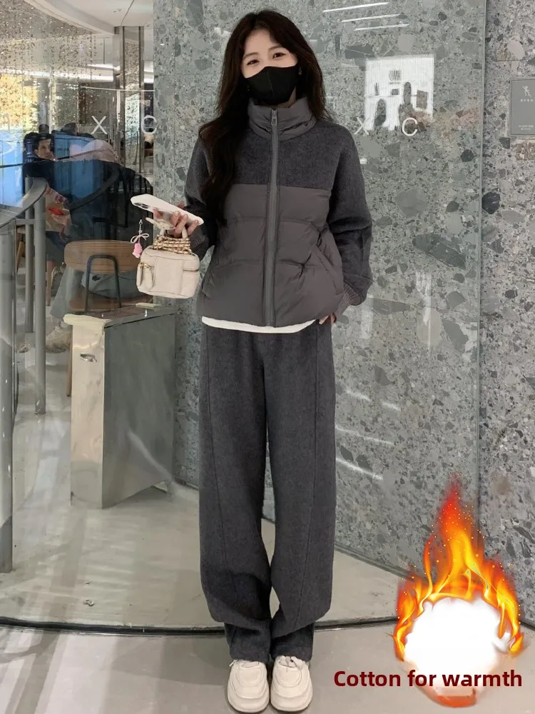 Faionable Warmth Conjunto de invierno para mujer Jaet de algodón Traje informal de dos piezas Pantalones largos Cierre de cremallera Ajuste cómodo