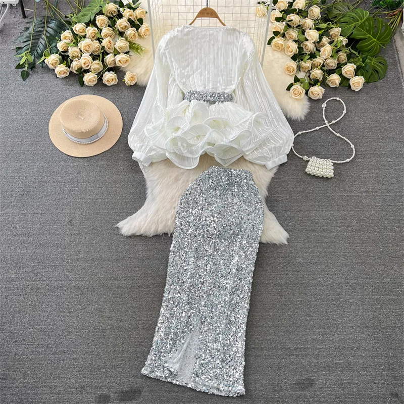 Socialite Formele Avondfeest Goud Tweedelige Set Vrouwen Luxe Cocktail Geplooid Glanzend Shirt en Bodycon Lovertjes Rok Past