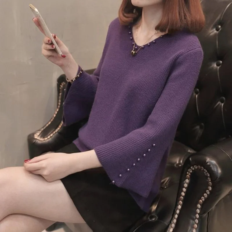 Spring Autumn New Loose All-match Knitting Tops Solid Color 3/4 Sleeve V Neck Elegant Sweaters Fashion Vintage Womne Clothing