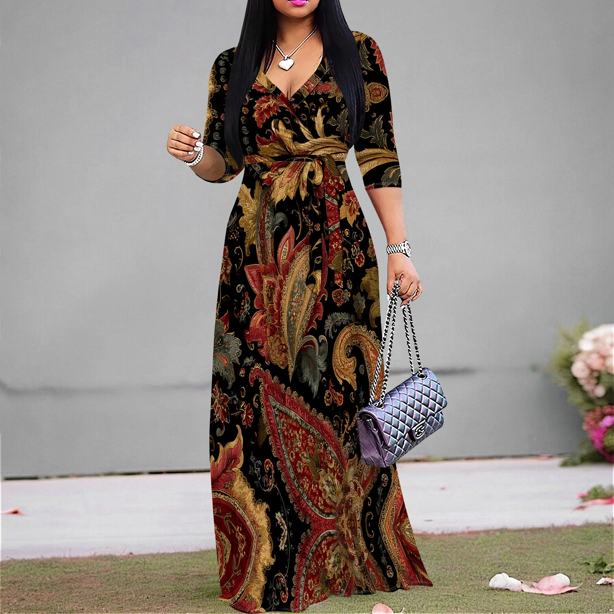 

Elegant Women's Floral Paisley Maxi Dress 2025 New Arrival, V-Neck, Boho Style, Perfect for Beach Party or Vacation, S-3XL