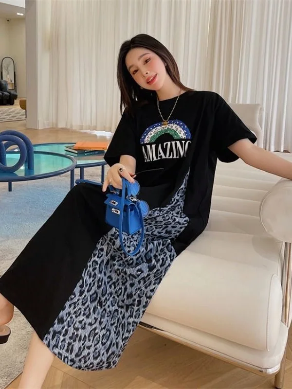 

plus Size Women's Summer Loose Long Knee-Length T-Shirt Dress Leopard Print Patchwork Short Sleeve Fake Two-Piece Dress